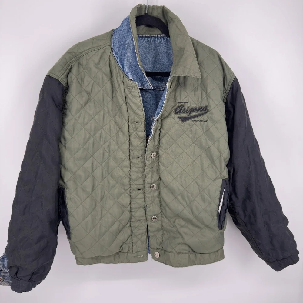 Arizona Jean Company Reversible Denim Jacket Blue Quilted Olive Green Mens L